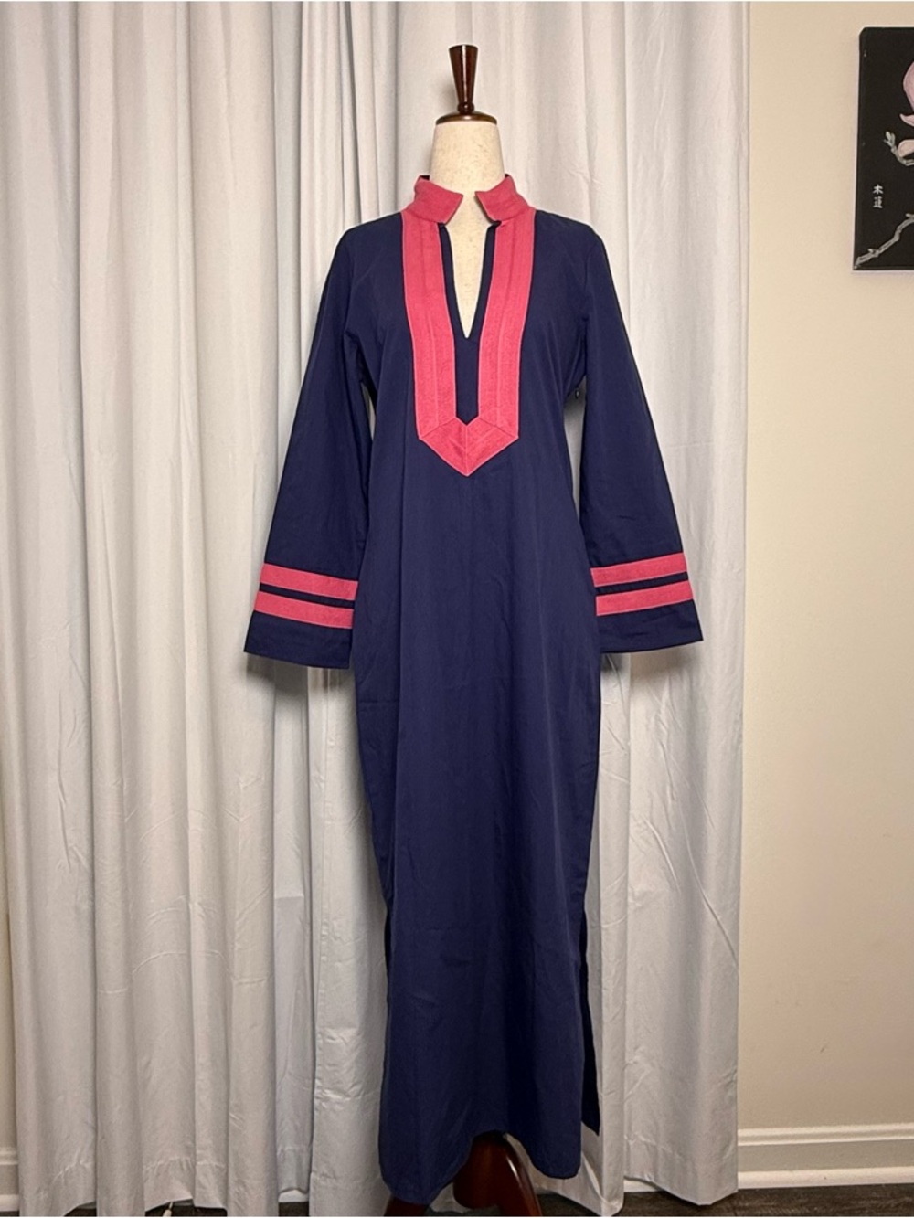 Sail to Sable Maxi Tunic Caftan Dress Women’s Small Blue Pink Resort Preppy